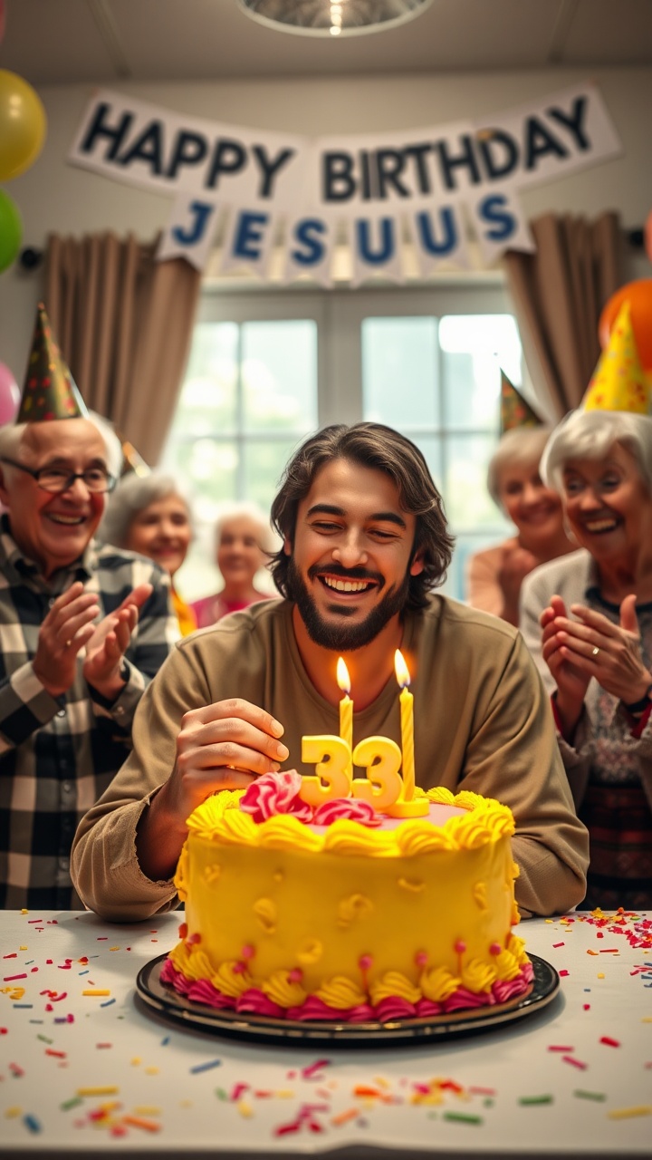 AI generated image by FLUX.1-schnell: Jesus, very happy in front of the birthday cake, is sitting in front of a small, colorful, and bright birthday cake. The cake is beautifully decorated with yellow and pink frosting, featuring intricate details and an elegant finish. The cake looks stunning and delicious, with a birthday candle bearing the number "33." Jesus is eating a piece of the cake, extremely happy, while elderly men and women in the background are laughing and clapping, creating an extremely realistic and cinematic atmosphere. The background shows a joyful scene with elderly men and women wearing party hats, clapping cheerfully, smiling, and a banner reading “Happy Birthday, Jesus” hanging above, enhancing the festive mood. The room is well-lit, with a window allowing natural light to stream in, creating a warm and cheerful ambiance. Colorful balloons are visible, and confetti and party decorations are scattered around, further emphasizing the celebratory vibe. The lighting softly highlights Jesus and the cake as the central elements, capturing the contrast between the warm and joyful celebration and the unique charm of the scene.