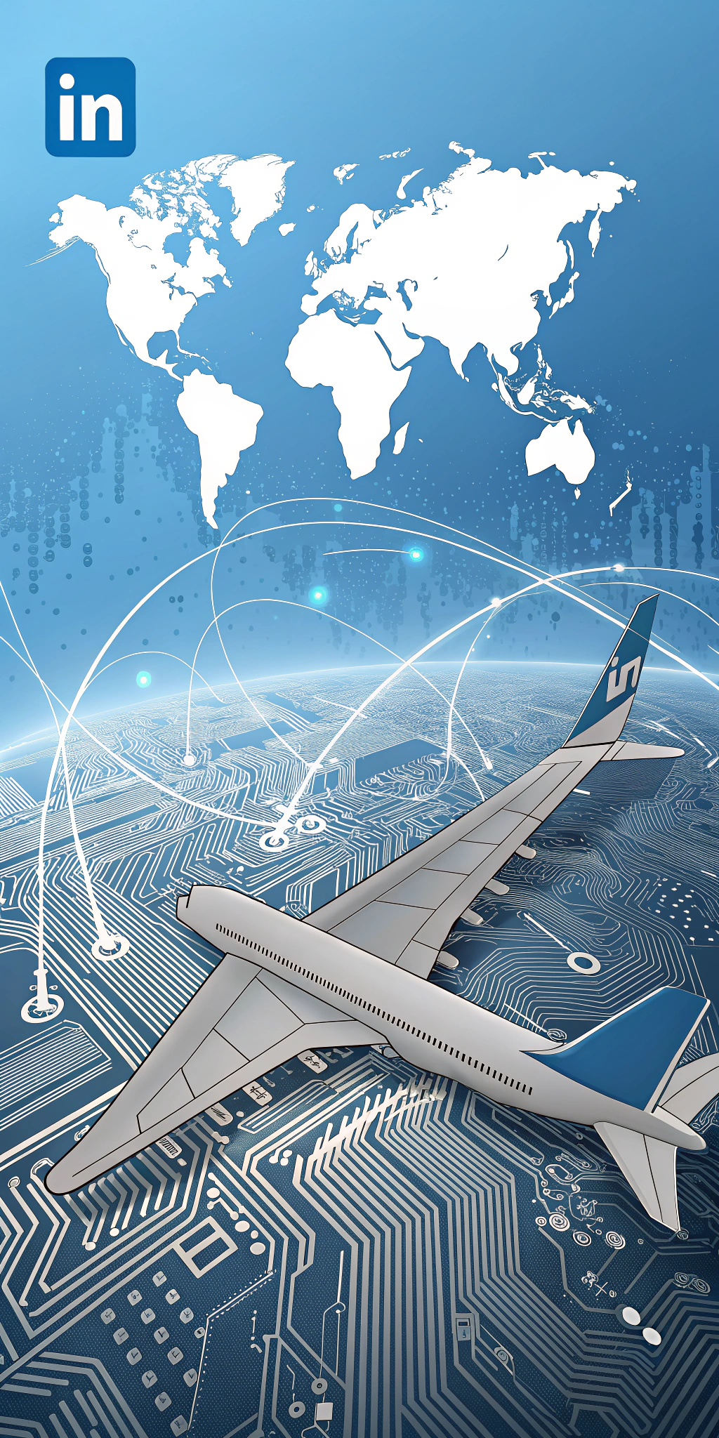 AI generated image by Red Panda AI: A professional and modern background designed for LinkedIn, combining elements of computer science and aeronautics. The scene features a technological landscape with an integrated circuit blending seamlessly with design lines resembling aircraft blueprints and wings. In the background, a blue sky with subtle traces of digital flight paths, symbolizing global connections. The primary colors are shades of blue, metallic gray, and white, with a clean and futuristic style. The design is elegant, minimalist, and suitable for a professional profile