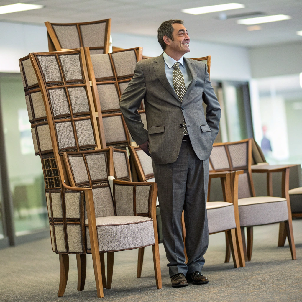 AI generated image by Red Panda AI: make a salesman, dressed in chairs 