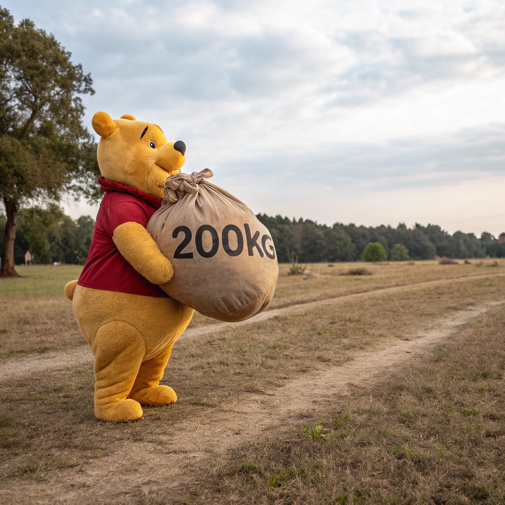 AI generated image by Red Panda AI: Winnie the Pooh is carrying a bag of wheat with a relaxed look on his face. The bag is marked with 200kg.