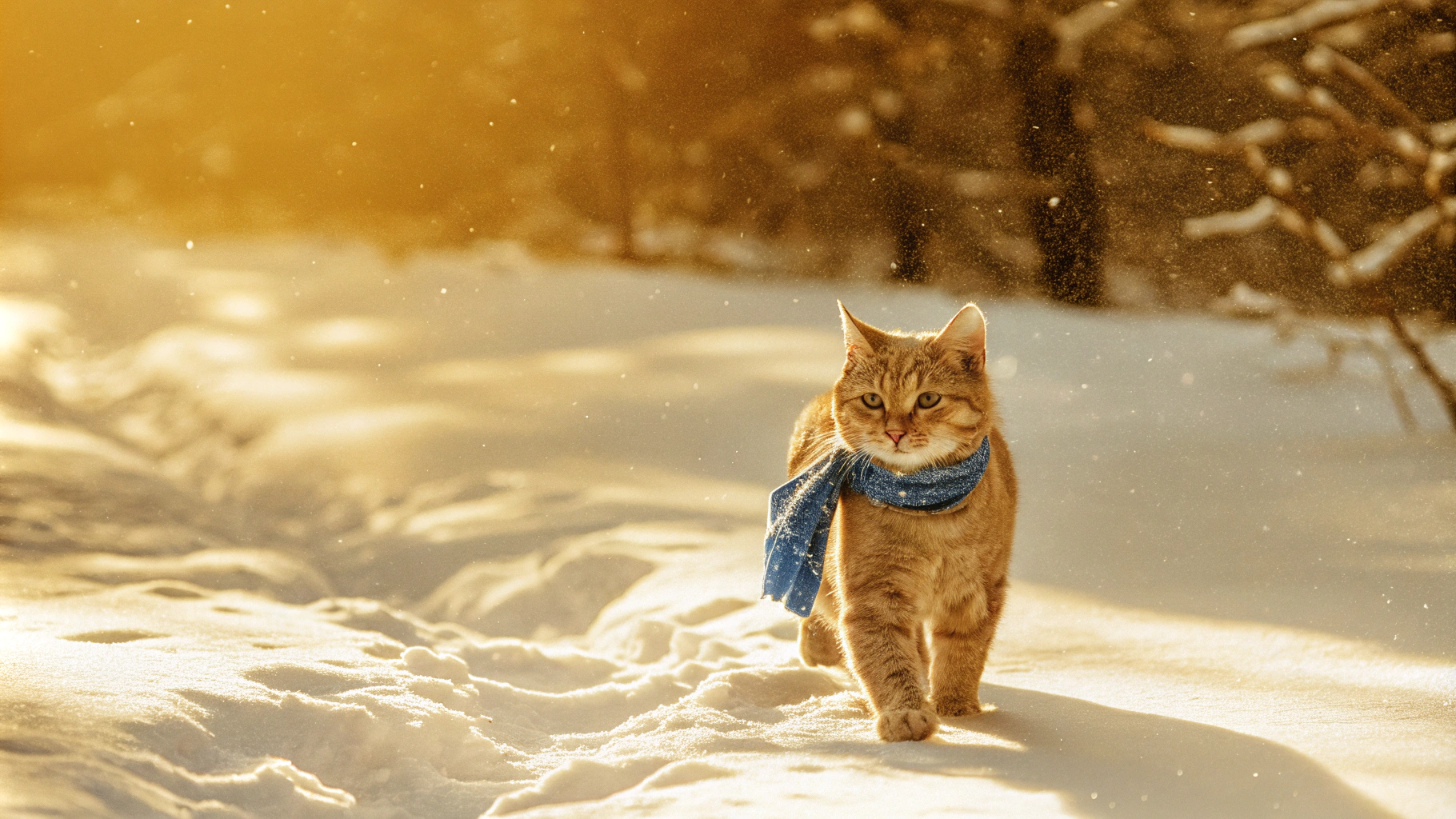AI generated image by Red Panda AI: cat wearing blue scarf running in the snow, winter atmosphere, snowing, in the mountains, minimalistic