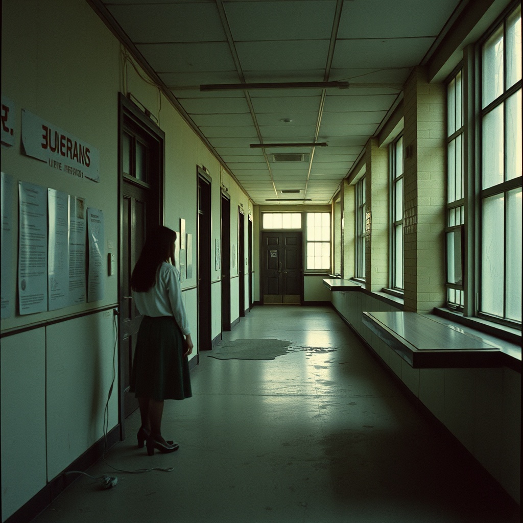 AI generated image by FLUX.1-schnell: analog flash photo of an abandoned, empty, frozen in time and slightly unsettling, but also familiar, 1girl, museum, Nostalgia, familiarity, discomfort, after hours, urbancore, liminal space the effect of being in a retro horror or RPG video game --v 6.0