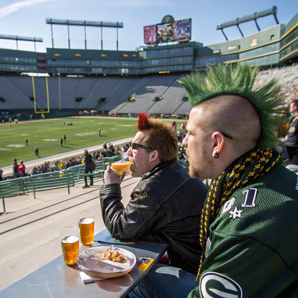 AI generated image by Red Panda AI: A photo of punk rockers dying of boredom at Lambeau Field in Green Bay Wisconsin while people are playing football and drinking beer and eating cheese