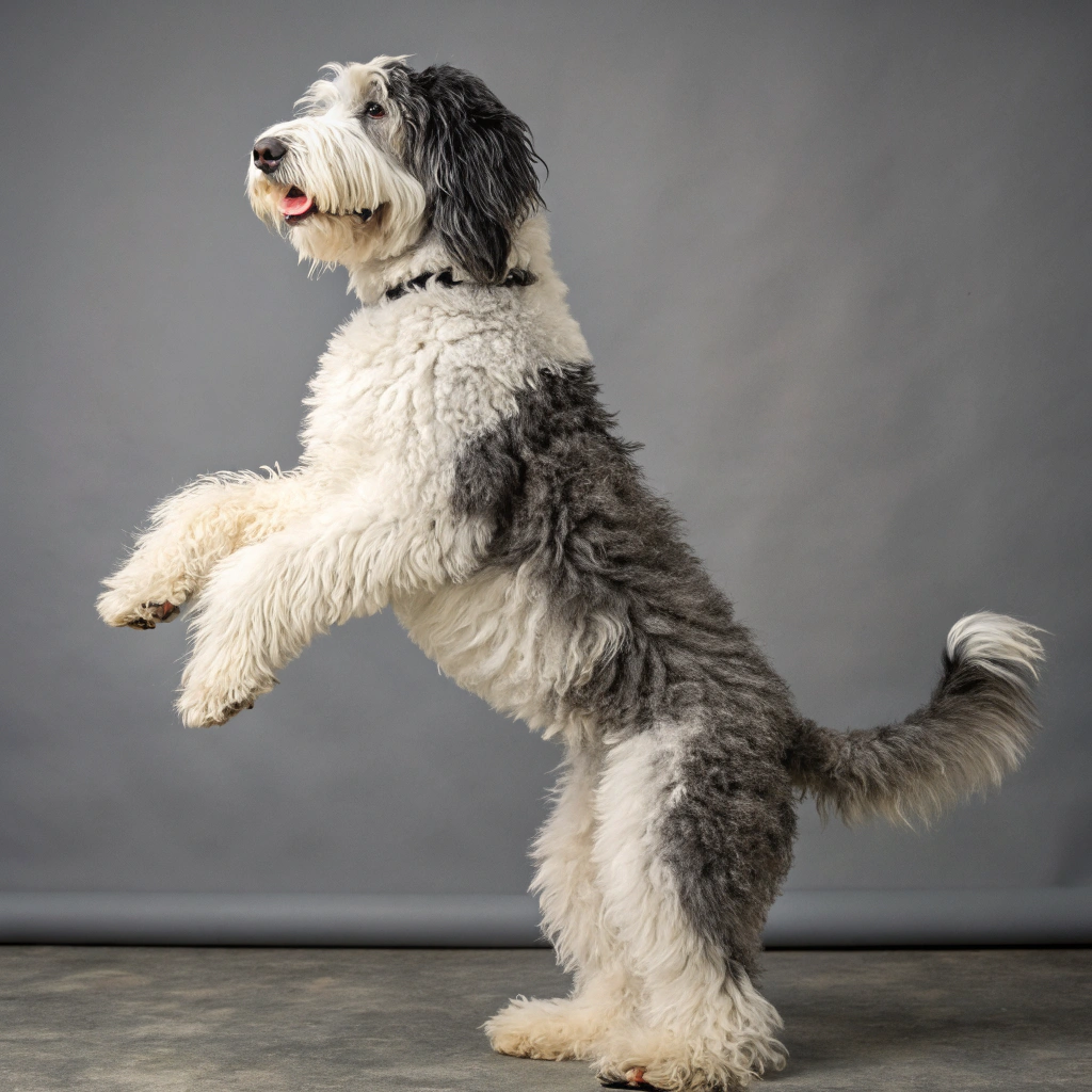 AI generated image by Red Panda AI: quiero un perro sheepadoodle totalmente blando y completamente estirado hacia arriba este parado en dos patas como humano y no se le vea la cola se vea frontal a la panza