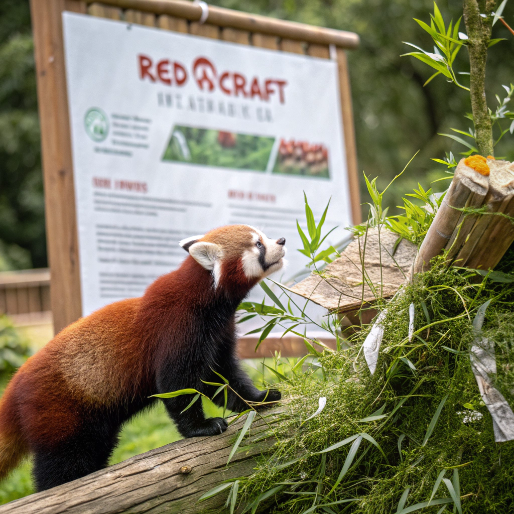 AI generated image by Red Panda AI: a red panda eating a bamboo in front of a poster that says "recraft V3 now available at red panda ai