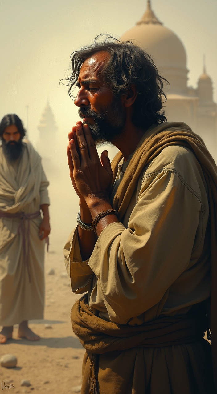 AI generated image by FLUX.1-pro: Soft-focus painting of a man in tattered clothes whispering a prayer, his face tear-streaked and full of humility, while a distant figure looks away with pride, temple background fading into light