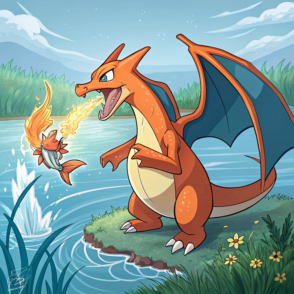 AI generated image by Red Panda AI: Mega charizard comiéndose a un magykarp