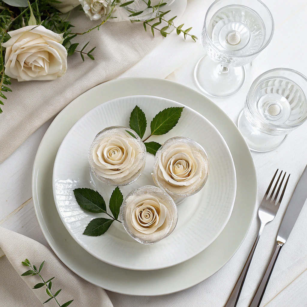 AI generated image by Red Panda AI: top view of a banquet of transparent glass-like roses on top of white plate with natural minimalist table background