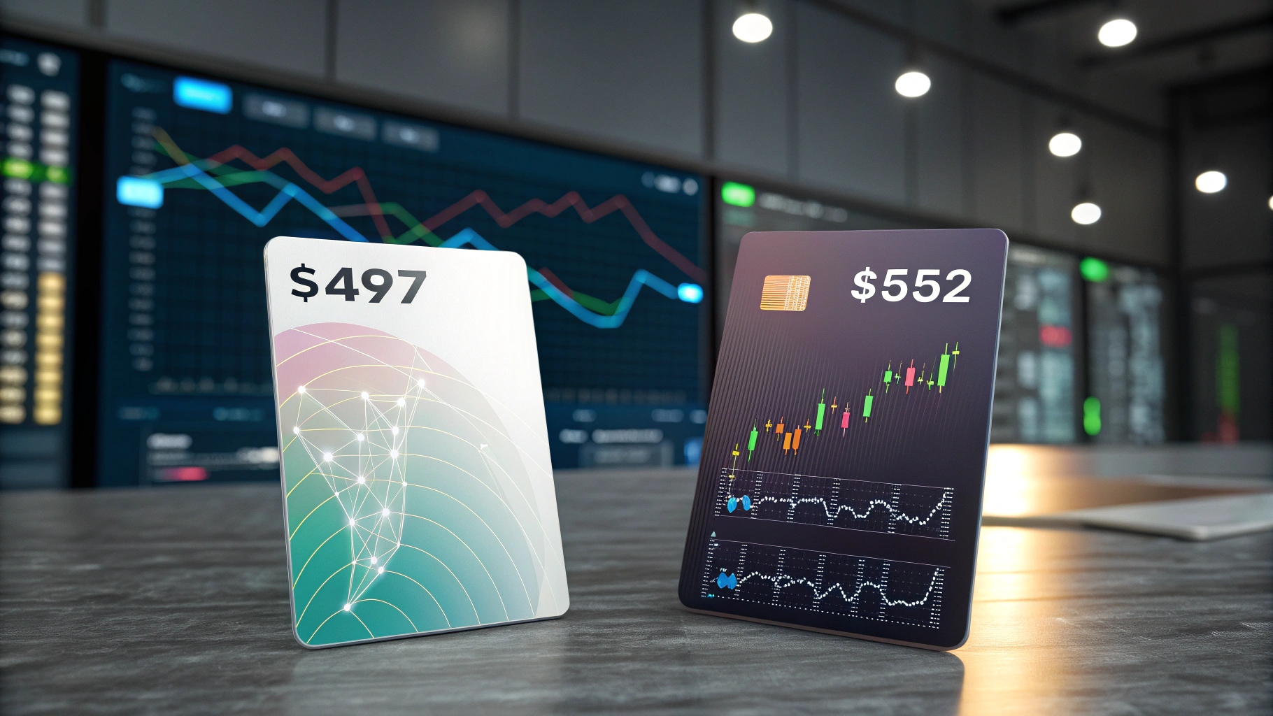 AI generated image by Red Panda AI: on one side is the number $497, on the other side is the number $552.  futuristic, stock market related charts in the background, photorealistic, 
