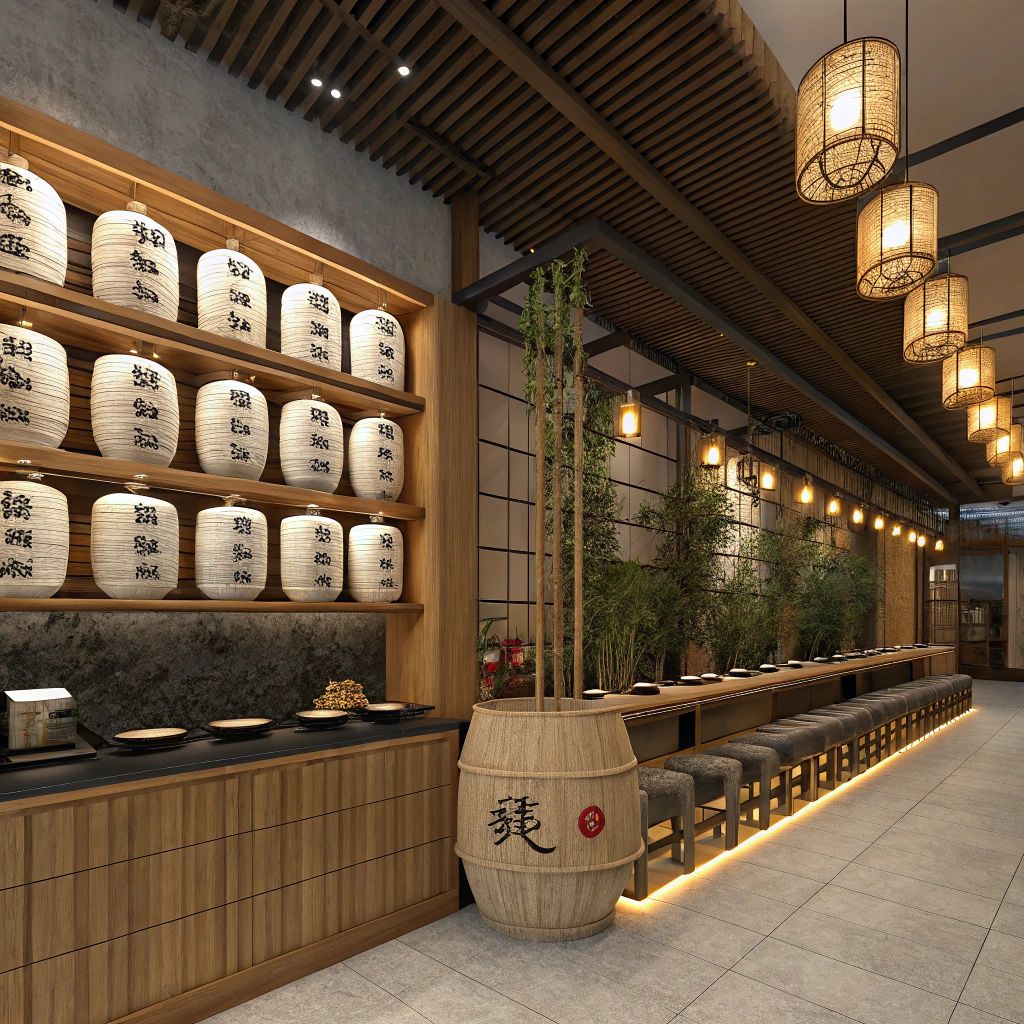 AI generated image by Red Panda AI: Sushi restaurant with elegant style. On the hanging shels stand white sake barels. In one corner is wall with bamboo sticks and in that same wall is big circle closed from back side and in the botom of that circle are pilows so people can sit and take picture. The circle is decorated with Led lights golden colour. In same picture on the other side is black rock sushi bar. Behinde sushi bar is wood shels full of plates and Japanese decoration plates decorated with golden Led lights. On the top of rooftop is wooden decoration in the square shapes. And lights from roof top are in wooden jungle style