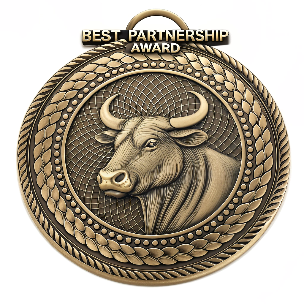 AI generated image by Red Panda AI: “Create a luxurious metal medal with a classic round shape, featuring a powerful engraved bull motif at the center. Surround the bull with an ornate weaving pattern reminiscent of intricate filigree. Include the text ‘Best Partnership Award’ in an elegant serif font along the upper edge. The medal should have a rich golden color, detailed embossing, and a polished finish that exudes prestige and grandeur.”