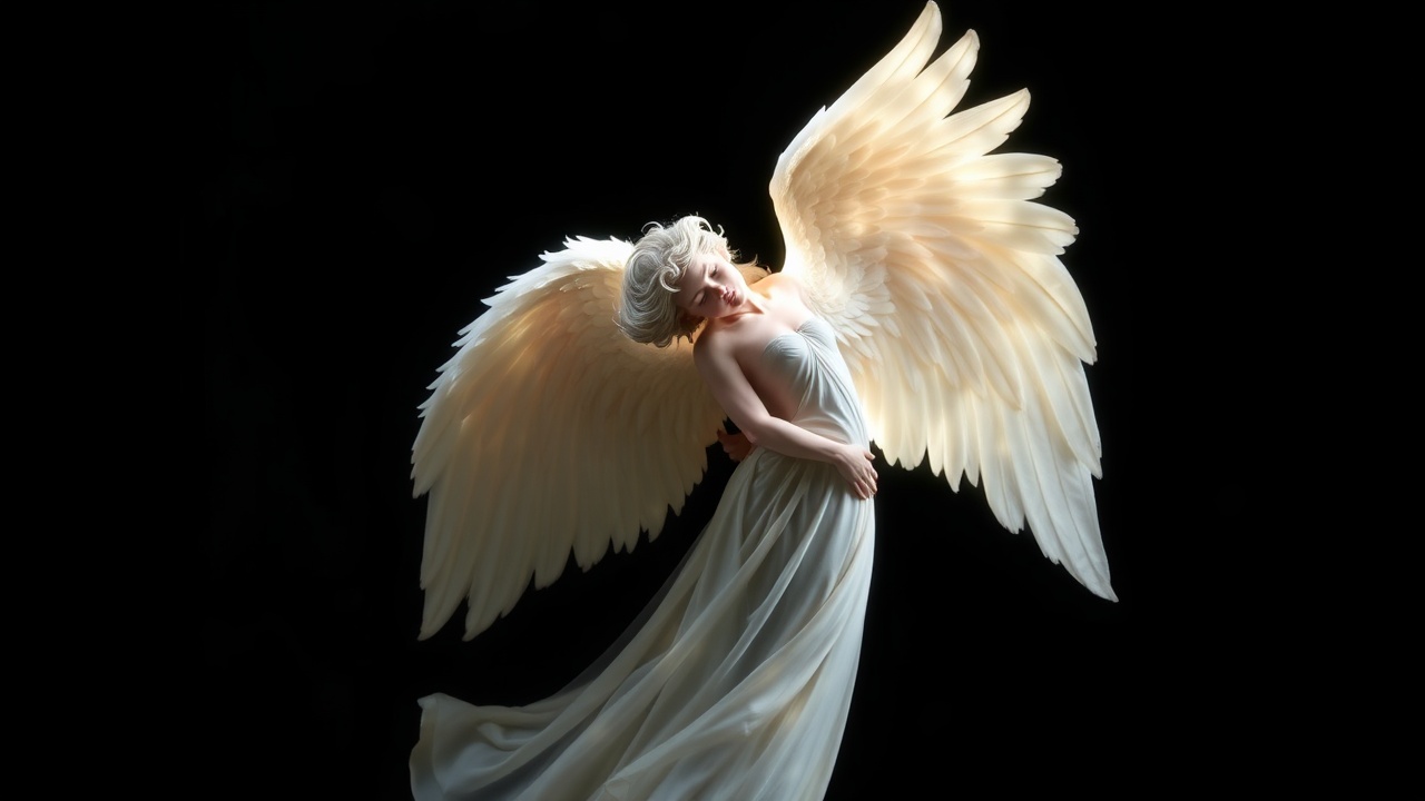 AI generated image by FLUX.1-schnell: a angel on black background... mystical, etheral, heavenly, whole angel is in the image , nothing is out of frame... the angel is oriented sideways and looks down, glowing, heavenly light