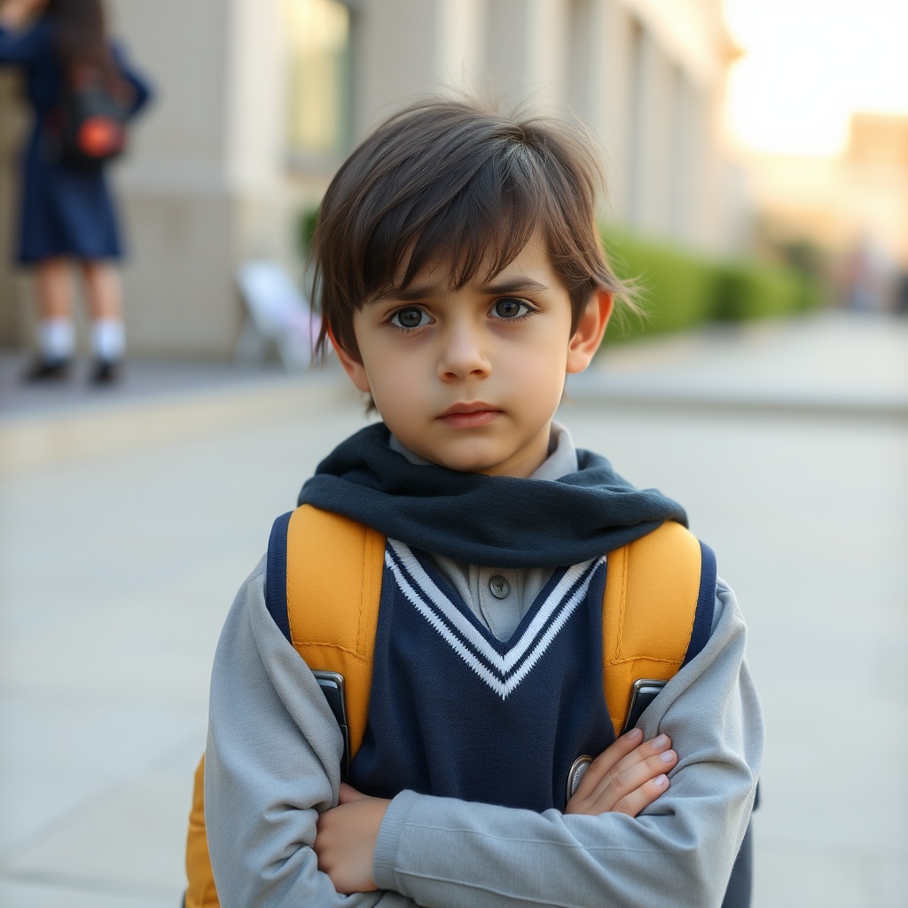 AI generated image by FLUX.1-schnell: A school Iranian child in a school uniform who is anxious and worried.