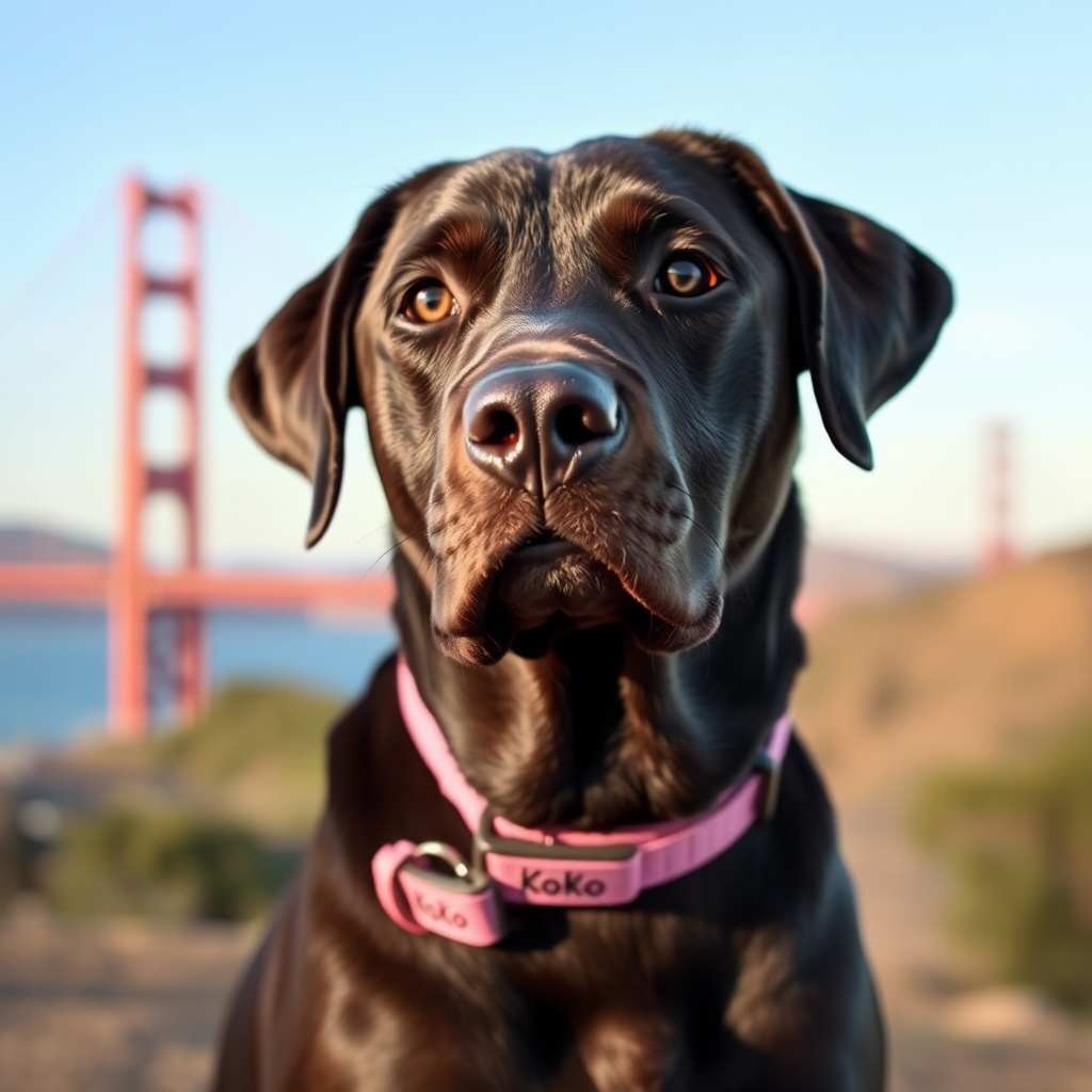 AI generated image by FLUX.1-schnell: A chocolate lab with bay bridge in background, while looking with soulful eyes. The pink collar should have KoKo prominenly written & visible on the collar.