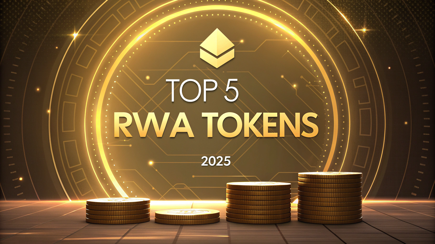 AI generated image by Red Panda AI: Futuristic banner for a blogpost, with fintech sci-fi golden colors and investment background in with financial article style. Big title "Top 5 RWA Tokens" and small title "2025"