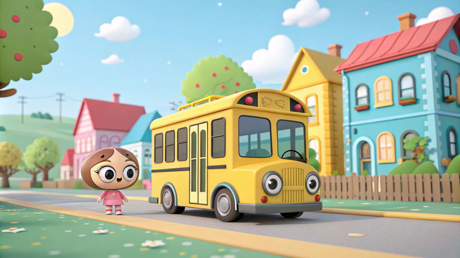 AI generated image by Red Panda AI: A 3D cartoon-style render of a cheerful yellow busA 3D cartoon-style render of a cheerful yellow bus with big eyes, stationary wheels, parked in a colorful town. The town has buildings, trees, and a sunny blue sky with white clouds.Baby girl Create studio lighting in Blender for 3-year-old children like never before. Create animated cartoon characters. The character should be a . Her eyes should be very large and of different colors, funny, and her body should be fully drawn with a straight posture. Use Cinema 4K.3D. Character Design: Use simple and rounded lines that won’t distract children. The eyes should be large and expressive, and the background Color the background nicely. Something different, like in a strange house. Once outside. Once in a garden. Once with toys as the background.