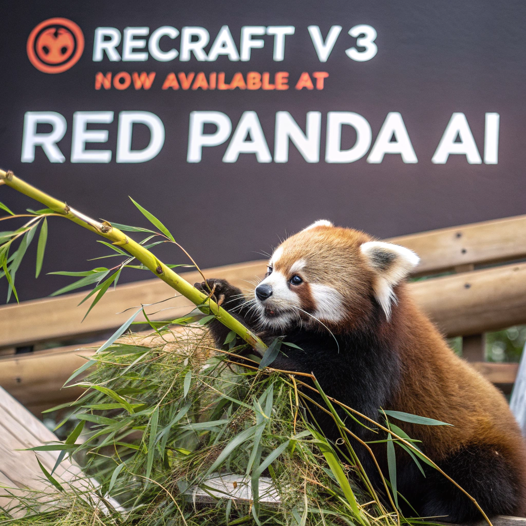 AI generated image by Red Panda AI: a red panda eating a bamboo in front of a poster that says "recraft V3 now available at red panda ai