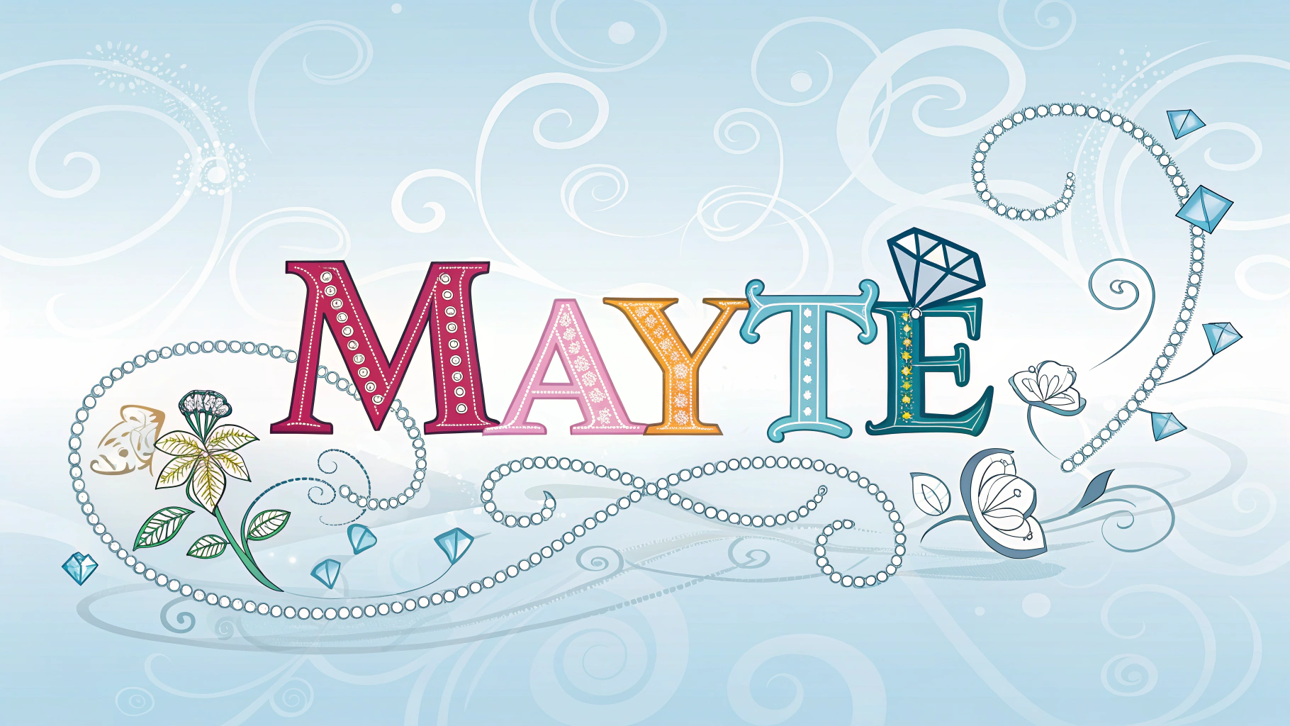 AI generated image by Red Panda AI: Mayte’s name written in vibrant colors, with diamonds on the letters, the letter “M” in uppercase, a light blue background, and a romantic style.