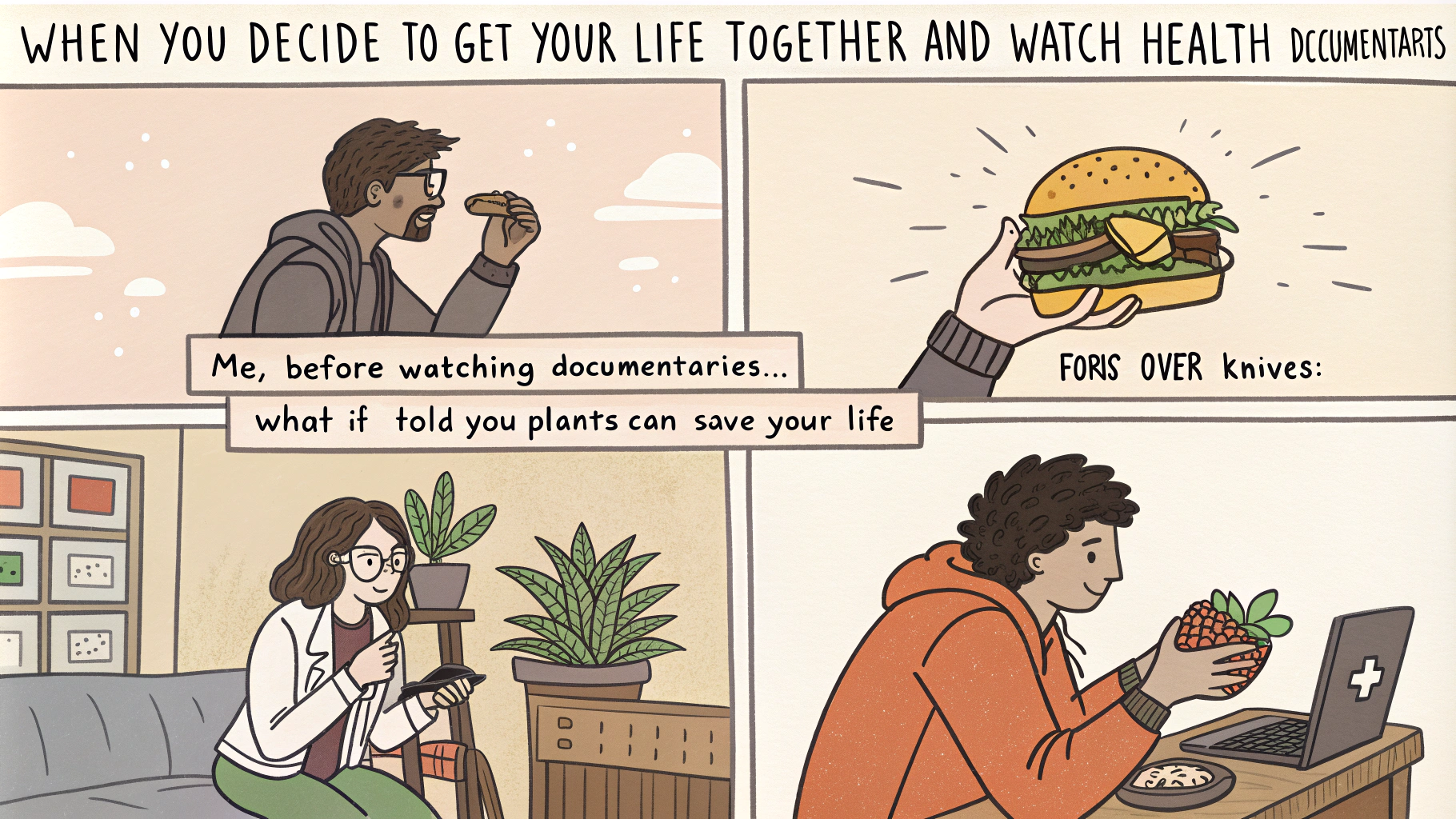 AI generated image by Red Panda AI: A 5 panel image, make each Panel into its own small image within one larger image. With the title: "When You Decide to Get Your Life Together and Watch Health Documentaries"

First panel:
Image of someone eating a burger
Caption: "Me, before watching documentaries…"

Second panel:
Image from documentary Forks Over Knives
Caption: "Forks Over Knives: What if I told you plants can save your life?”

Third panel:
Image from The Game Changers documentary with athletes flexing
Caption: "The Game Changers: Wait, I can be strong and plant-based?”

Fourth panel:
Image of someone looking surprised and throwing away unhealthy snacks
Caption: "Me, after binge-watching health documentaries: Juice cleanse tomorrow!”

Fifth panel:
Image of a calm person meditating
Caption: "Ending with Heal: My mind controls my healing… maybe I’m unstoppable?”