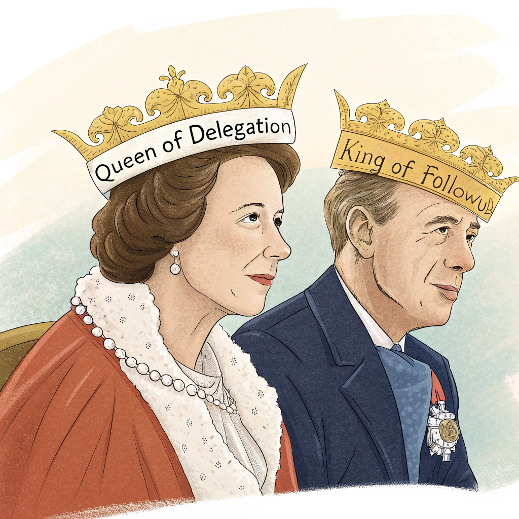 AI generated image by Red Panda AI: A king sitting beside a queen. The Queen is wearing a crown with the words "Queen of Delegation". The King is wearing a crown with the words "King of Followup."