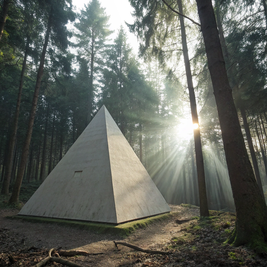 AI generated image by Red Panda AI: Foto de una pirámide mediana terminada en punta, en medio de un bosque, lisa. De los lados opuestos de la pirámide salen unos brazos en desde dentro, paralelos al suelo. Del vértice sale una bola grande de luz con rayos en todas direcciones.