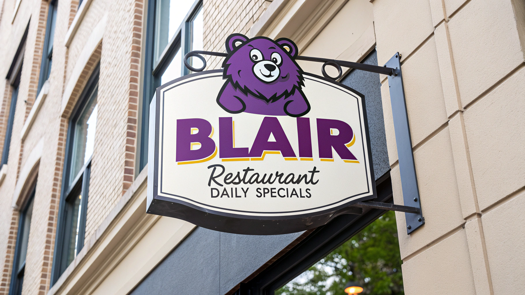 AI generated image by Red Panda AI: "Blair Restaurant Daily Specials" on a fast food logo sign.  A purple bear is the mascot on the sign.  This is for Blair, Nebraska restaurants