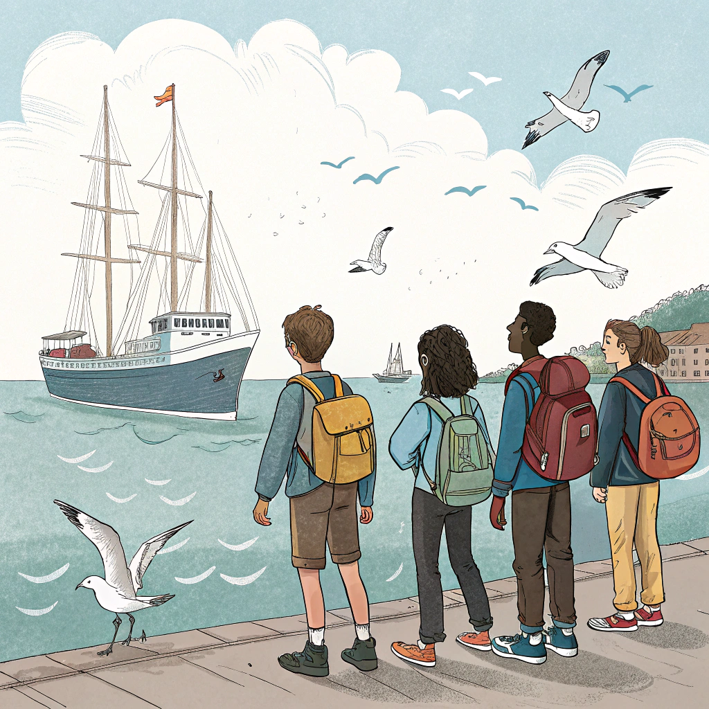 AI generated image by Red Panda AI: créer une image simple : enfants de 14 ans : Deux garçons et trois filles, le dos tourné, se tiennent sur un quai animé, leurs visages exprimant un mélange d'excitation et d'anticipation. , vêtus de tenues de voyage adaptées à une grande aventure, portent leurs bagages – sacs à dos robustes et valises compactes. Derrière eux, un gigantesque bateau à voiles domine le paysage maritime, ses mâts imposants s'élevant vers le ciel, et ses voiles prêtes à être déployées. L'ambiance du port est vivante : mouettes planant au-dessus, marins s'activant sur le pont, et l'eau reflétant les rayons du soleil du matin. Tout est prêt pour le départ vers l'inconnu.