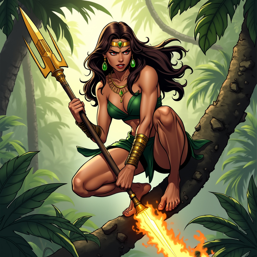 AI generated image by FLUX.1-pro: Comic art of a powerful and confident jungle warrior woman superhero with brown hair, a smooth and athletic body that is not overly muscular. She looks angry and frustrated, crouching barefoot on a sturdy tree branch, gripping a spear with a huge blade emitting golden fire powers. Her long, dark hair flows freely, and she wears a green, leaf-inspired outfit that accentuates her toned physique. Golden jewelry, including a necklace, arm bands, and emerald earrings, adorns her body, with a forehead ornament adding to her regal appearance. Her bare feet grip the branch firmly, emphasizing her agility and connection to nature. The lush jungle around her, with large leaves and sunlight filtering through the trees, creates an atmosphere of adventure and mystery as she prepares for the challenges ahead. A dynamic comic-style illustration of a fierce jungle warrior woman superhero, her smooth, athletic body poised in a crouch on a sturdy tree branch. She has brown hair and a powerful, yet not overly muscular physique. Her expression is one of anger and frustration as she grips a spear with a massive blade that crackles with golden fire energy. She wears a green, leaf-inspired outfit that clings to her body, highlighting her strength. Golden jewelry, including a necklace, arm bands, and emerald earrings, adds a touch of elegance, while a forehead ornament crowns her head. Her bare feet are firmly planted on the branch, showing her deep connection to the natural environment. The surrounding jungle is lush and vibrant, with sunlight streaming through the dense foliage, creating an adventurous and mysterious atmosphere. A comic book scene featuring a powerful and confident jungle warrior woman superhero with long brown hair, crouching barefoot on a sturdy tree branch. Her body is smooth and toned, not overly muscular, and she looks angry and frustrated. In one hand, she grips a spear with a huge blade that radiates golden fire powers. Her green, leaf-inspired outfit accentuates her athletic build, and she is adorned with golden jewelry, including a necklace, arm bands, emerald earrings, and a forehead ornament. Her bare feet clutch the branch, reflecting her agility and natural connection. The jungle around her is dense and lush, with large leaves and sunlight filtering through, adding to the scene’s sense of mystery and impending action. An intense comic art depiction of a beautiful and powerful jungle warrior woman superhero. She has brown hair and a smooth, athletic body that is strong but not overly muscular. She crouches barefoot on a sturdy tree branch, her face twisted in anger and frustration. In her hand, she wields a spear with a massive blade that emits fiery golden energy. Her long dark hair flows wildly, and she wears a green, leaf-themed outfit that highlights her toned physique. Golden jewelry, including a necklace, arm bands, and emerald earrings, complements her look, with a delicate forehead ornament adding a regal touch. Her bare feet grip the branch firmly, emphasizing her connection to the natural world. The jungle around her is lush and vibrant, with sunlight filtering through the trees, creating a setting full of adventure and mystery. A comic-style illustration of a confident and powerful jungle warrior woman superhero with long brown hair, crouching barefoot on a sturdy tree branch. Her body is smooth and athletic, with an air of strength and agility, but not overly muscular. She looks angry and frustrated, gripping a spear with a huge blade that crackles with golden fire energy. She wears a green, leaf-inspired outfit that accentuates her physique, and her body is adorned with golden jewelry, including a necklace, arm bands, emerald earrings, and a forehead ornament. Her bare feet cling to the branch, symbolizing her deep connection with the jungle. The surrounding environment is lush and dense, with large leaves and sunlight piercing through, creating a mysterious and adventurous atmosphere as she prepares for the challenges ahead.