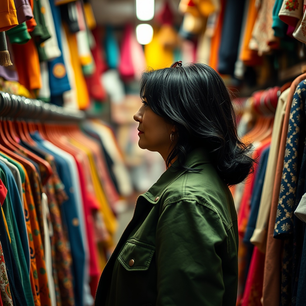 AI generated image by FLUX.1-schnell: woman, around 35 years old, green jacket, dark hair, sunglasses in hair, side profile, halfshot, vibrant vintage store, standing between clothes racks with colourful clothes, high contrast, lowlight, tungsten highlights