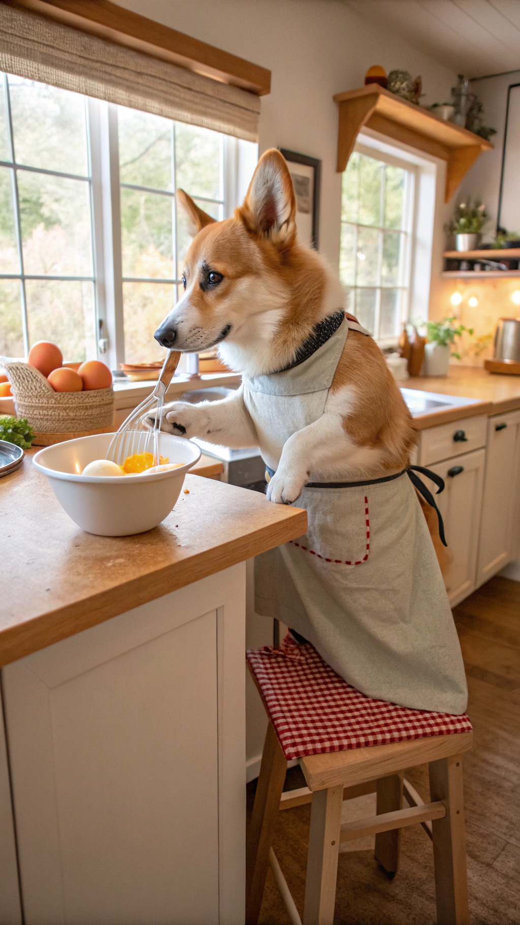 AI generated image by Red Panda AI: anthropomorphic standing corgi wearing an apron whisking raw eggs in a bowl in an American suburban kitchen during the daytime. Corgi is standing on a stool.