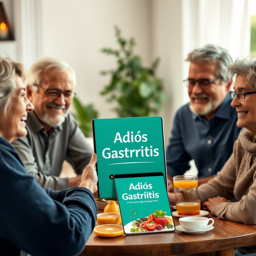 AI generated image by FLUX.1-schnell: Un grupo de adultos diversos (entre 30 y 60 años) sonriendo, reunidos alrededor de una mesa con infusiones y frutas, simbolizando comunidad y apoyo mutuo. Una persona sostiene una tablet que muestra el ebook “Adiós Gastritis”.  luz cálida, entorno natural, energía positiva.