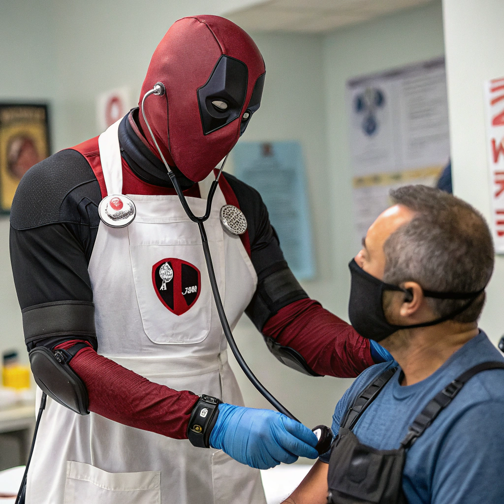 AI generated image by Red Panda AI: necesito la imagen de dead pool con mandil medico blanco con su marbete, realizando la toma de presión arterial, que se vea claramente que esta con el fonendoscopio en ambos oídos y las manos en el manómetro y en la perilla de insuflación, a un paciente, bien definido