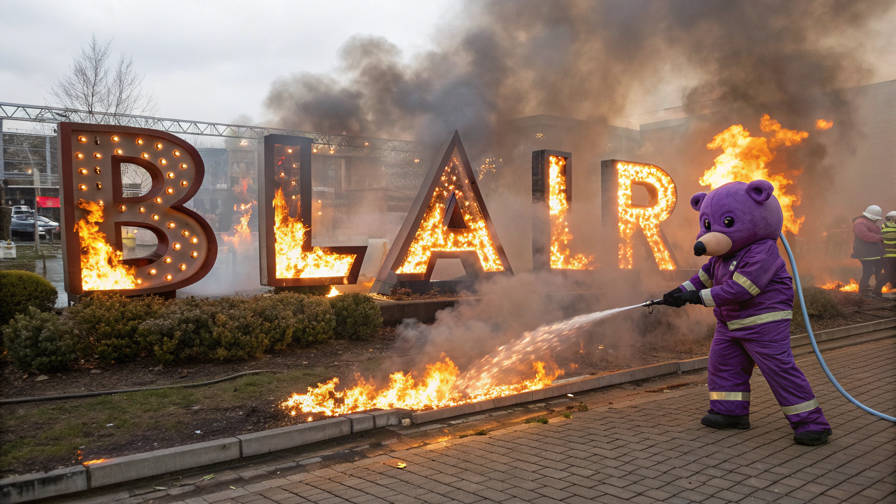 AI generated image by Red Panda AI: The word "Blair" on fire.  Clearly on fire.  The word "Blair" ablaze. Fire everywhere.  A purple bear is a firefighter who is putting out the fire.