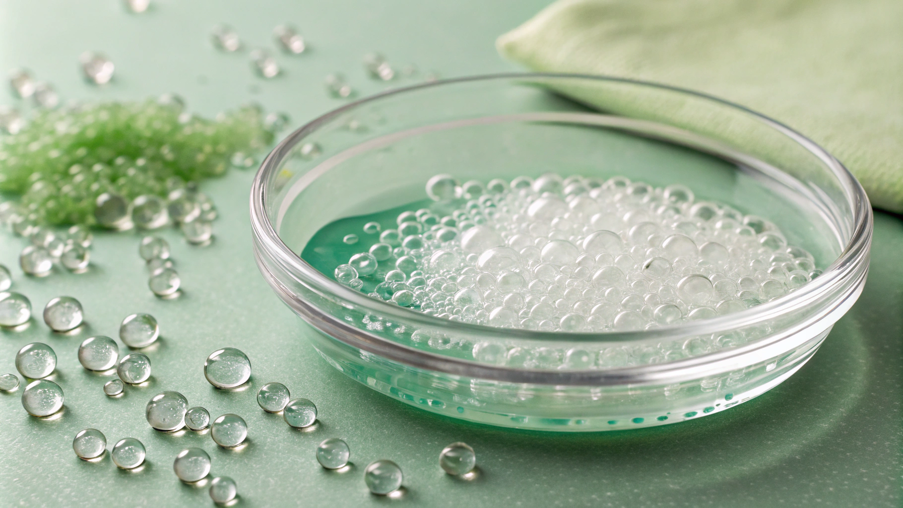 AI generated image by Red Panda AI: A transparent shallow dish on a soft green background, filled with small, clear beads. A soft green, transparent body wash formula gradually fills the dish, creating a clean, fresh, and hydrating visual.