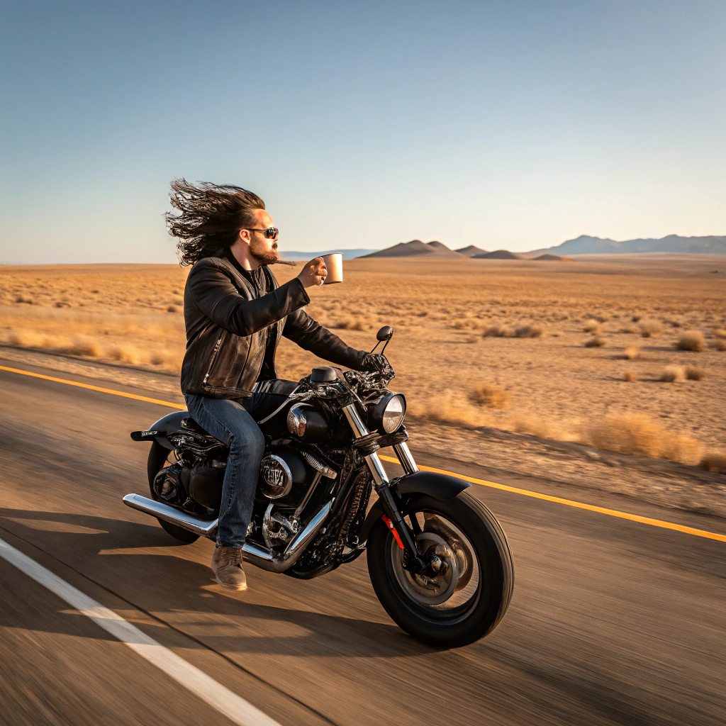 AI generated image by Red Panda AI: Homem em uma motocicleta Harley-Davidson, correndo em alta velocidade, em uma estrada reta e paisagem desértica. segurando uma xícara de café  