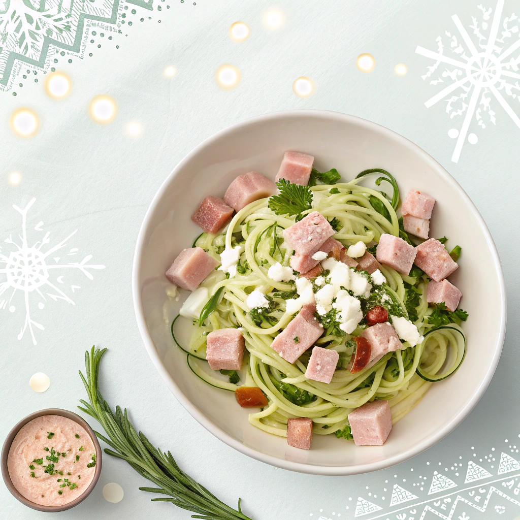AI generated image by Red Panda AI: Create an illustration of zucchini spaghetti served with a creamy chipotle Greek yogurt sauce, garnished with cubes of turkey ham and crumbled cheese. The dish is presented in a clean, modern plate with minimal textures. Use a pastel gradient background with subtle holiday details, like snowflake patterns or soft bokeh lights. The composition should be minimalistic, with bold, flat colors and space for text on one side, perfect for a recipe layout. Emphasize the light and festive feel of the dish.