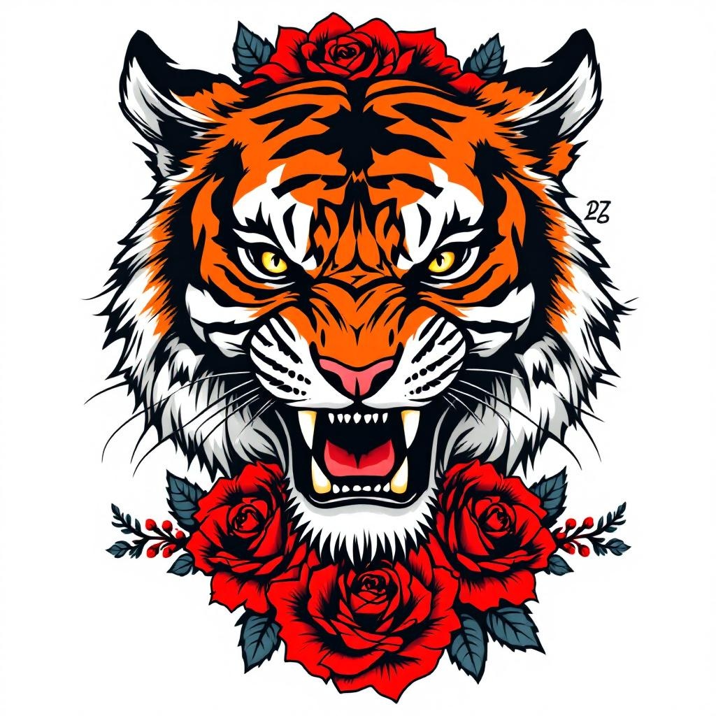 AI generated image by FLUX.1-pro: American traditional tattoo flash of a roaring tiger head with red roses, bold black outlines, limited vintage color palette, classic old school tattoo style, symmetrical composition, white background, no skin, no mockup