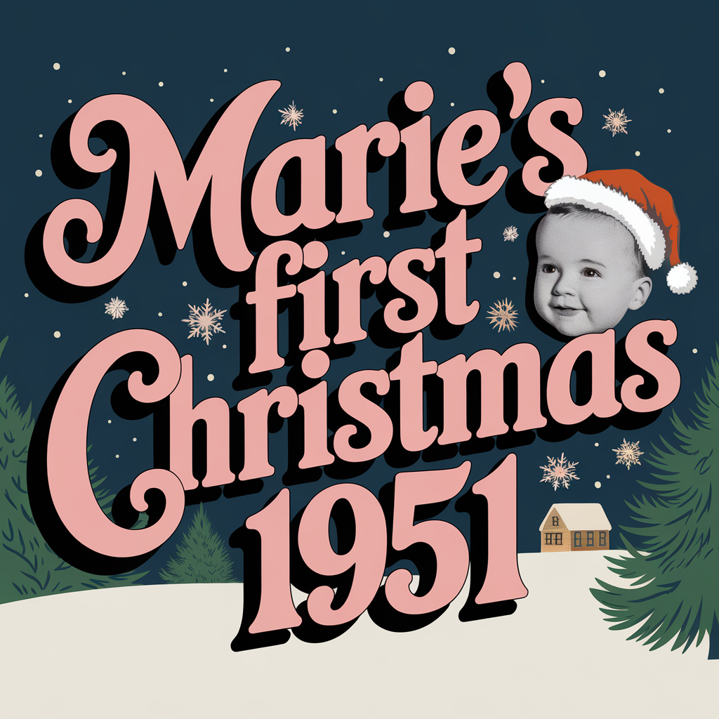 AI generated image by ideogram 2.0: marie's first christmas 1951 pink text design