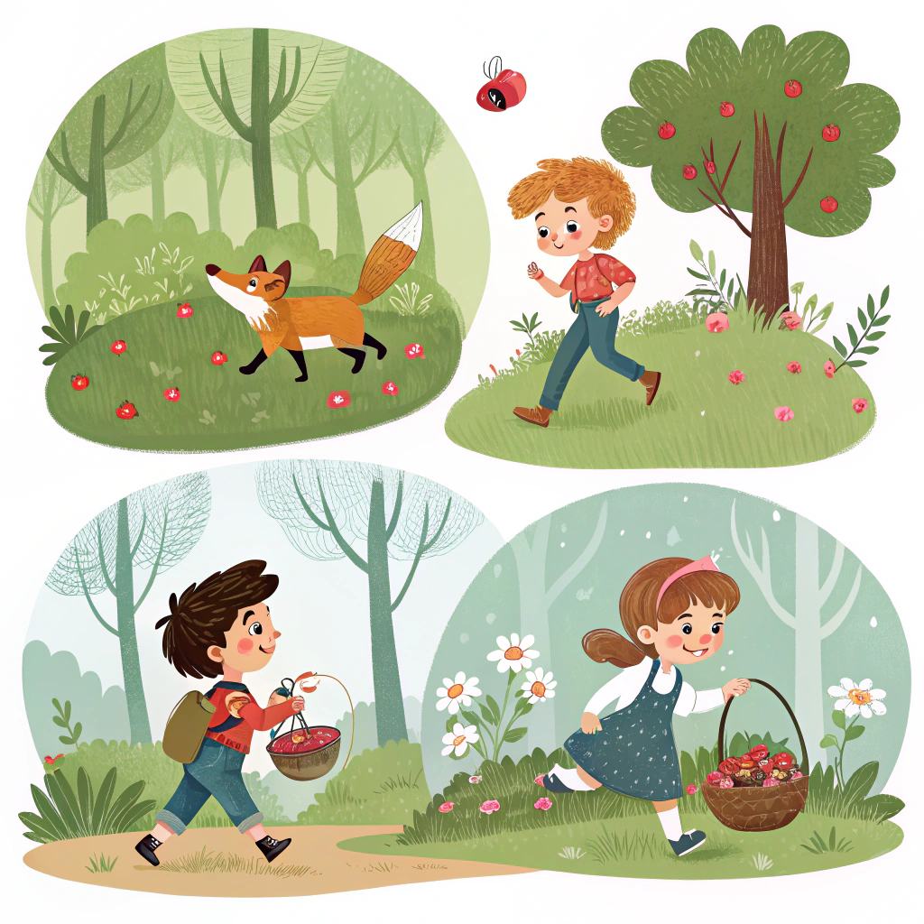AI generated image by Red Panda AI: Générer 5 images différentes pour enfant qui se ressemblent avec un renard qui se balade dans la forêt.