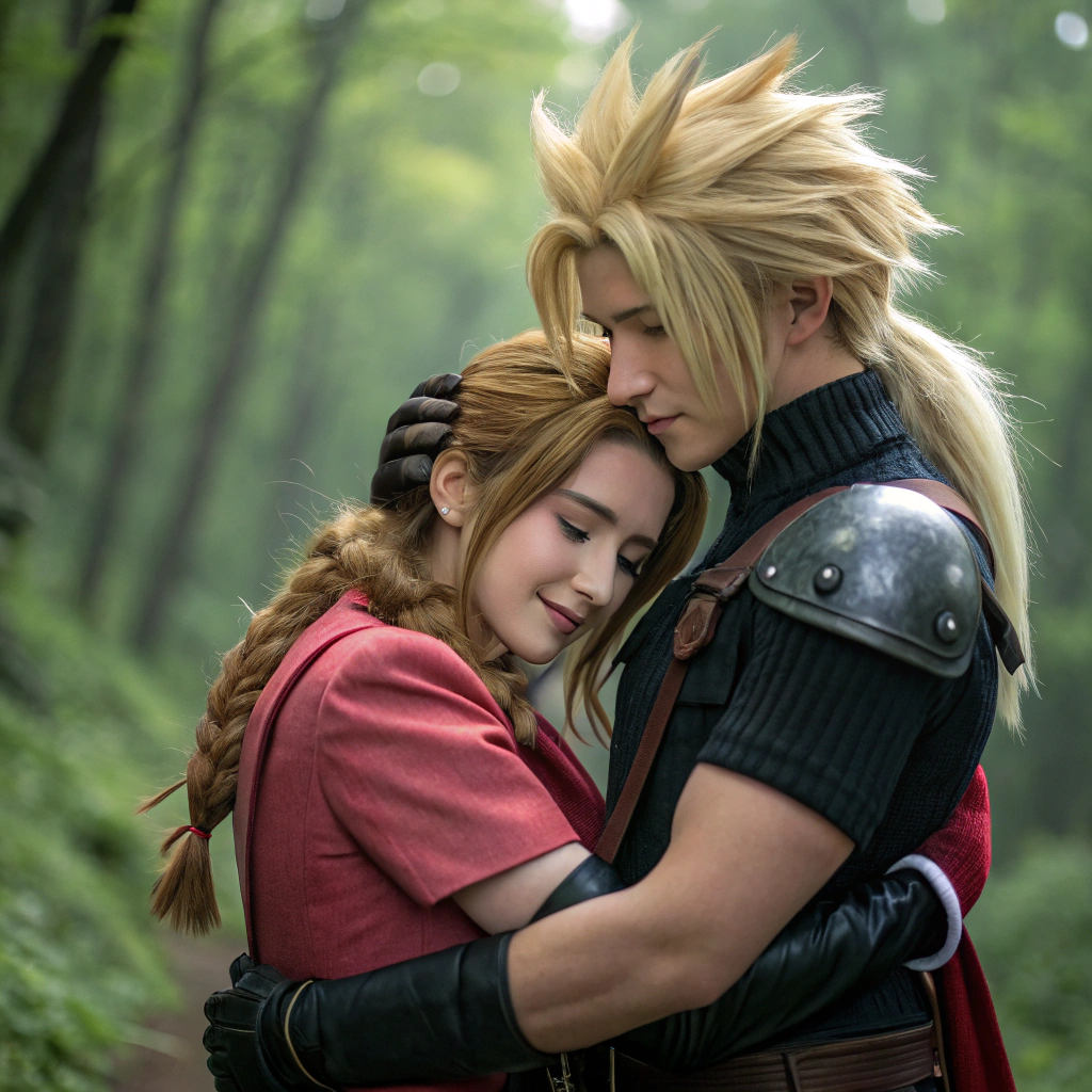 AI generated image by Red Panda AI: Aerith hugging Cloud