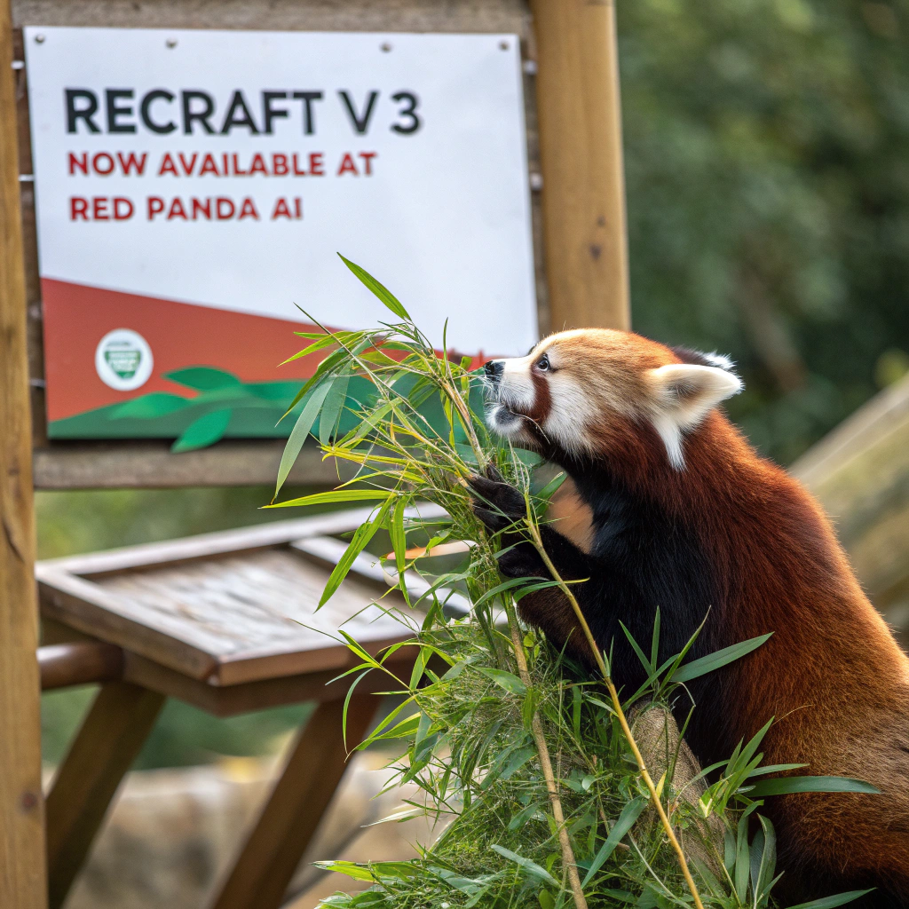 AI generated image by Red Panda AI: a red panda eating a bamboo in front of a poster that says "recraft V3 now available at red panda ai