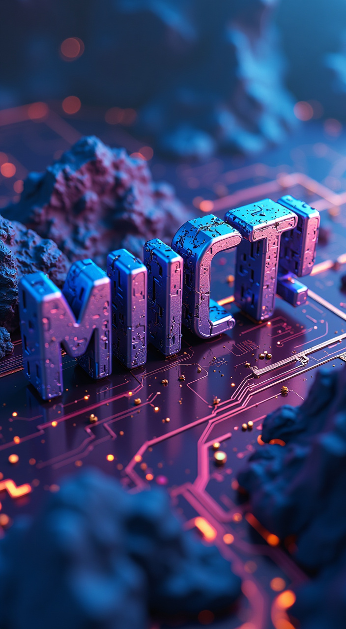 AI generated image by FLUX.1-pro: Emphasizing MICT, MICE/AI/TECH is properly placed next to MICT, making it in a 3D style. Make the background sci-fi-style, and base it on sky blue and purple gradations