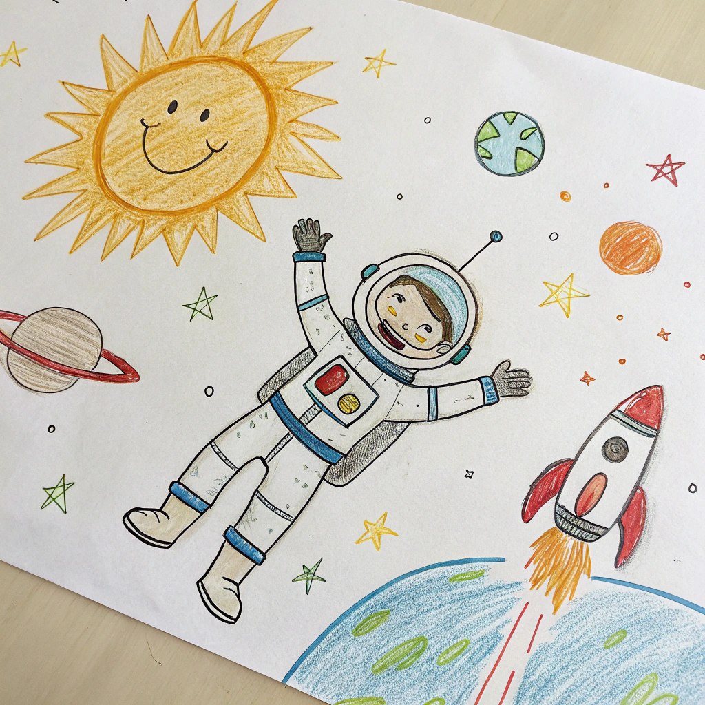 AI generated image by Red Panda AI: A child's drawing of an astronaut, created on an A4 paper, with crayon and pencil strokes. The style is naive and imperfect, typical of a 5-year-old's artwork. The astronaut is floating in space with stars and planets, drawn with bright colors and shaky lines. The drawing includes a smiling sun and a rocket, all portrayed in a charmingly unrefined way. The paper has visible crinkles and some smudges, enhancing the authentic feel of a child's creativity