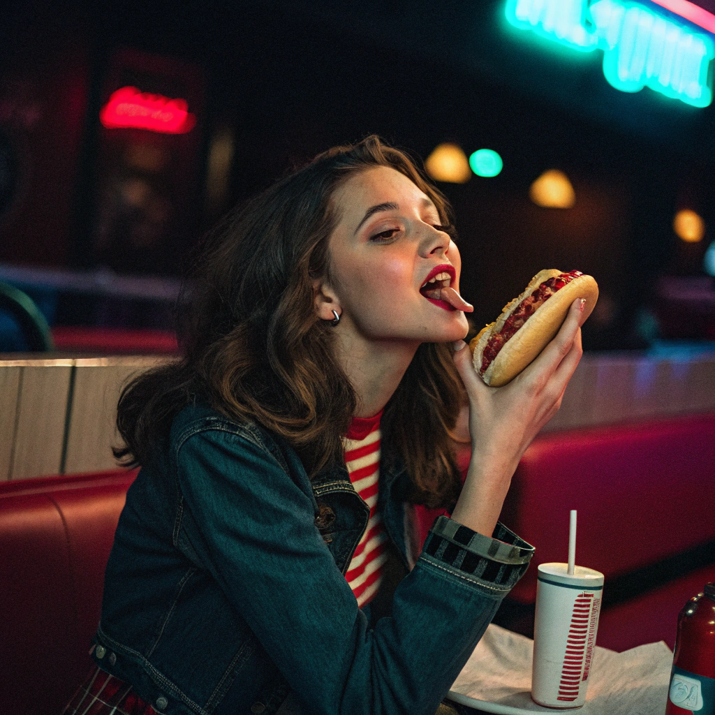 AI generated image by Red Panda AI: A realistic color 80s film photo of a pretty drunken young russian woman eating american hotdog 