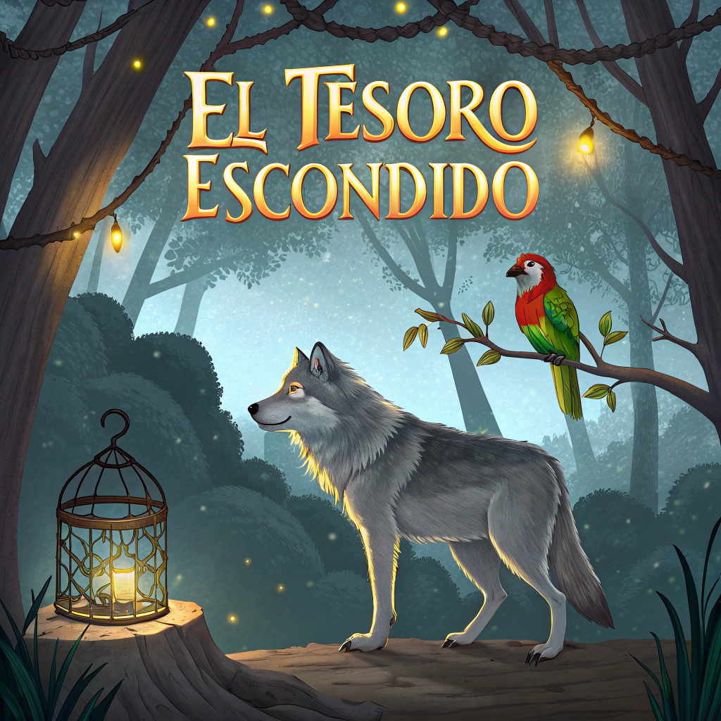 AI generated image by Red Panda AI: quiero una imagen q tenga arriba de titulo "el tesoro escondido" y q en el medio tenga un lobo, un loro y un hamster