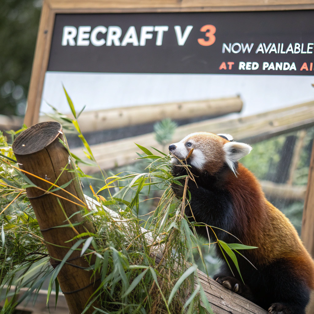 AI generated image by Red Panda AI: a red panda eating a bamboo in front of a poster that says "recraft V3 now available at red panda ai
