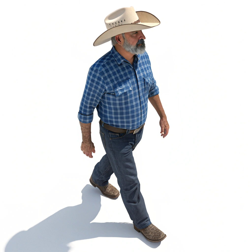 AI generated image by Red Panda AI: un hombre con poca barba de canas con sombrero tejano estilo sinaloa y camisa azul cuadriculada caminando con un angulo de  frente y de arriba que se mire completo el personaje