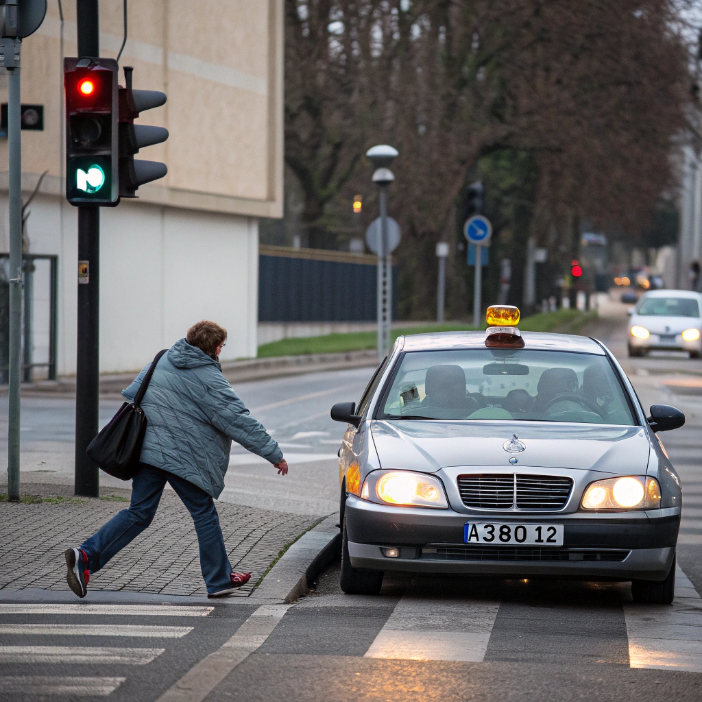 AI generated image by Red Panda AI: A person was crossing theroad on the sidewalk, and a taxi was waiting a traficlight with clearly visiblelicense plate with"a38012".