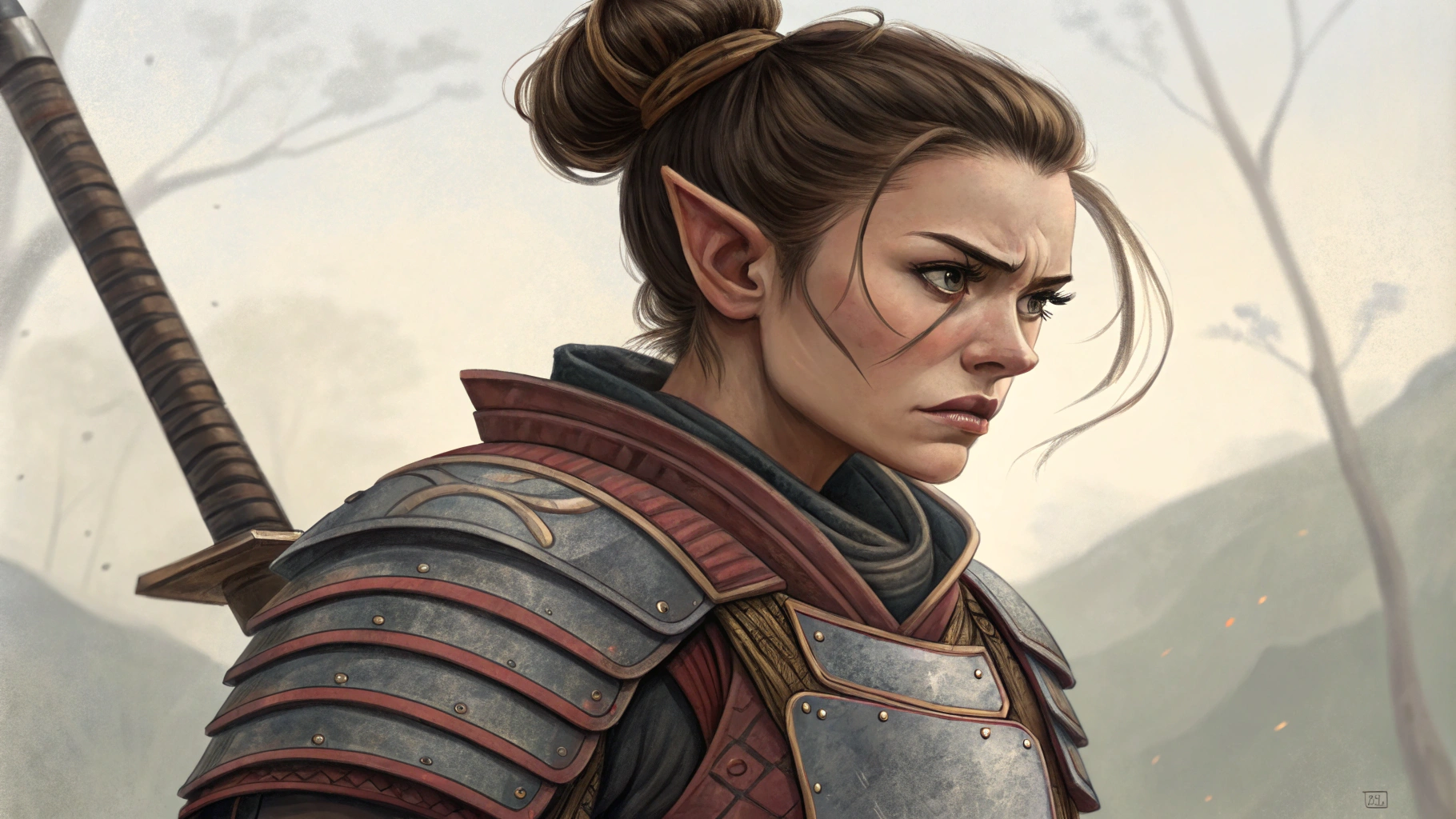 AI generated image by Red Panda AI: Uma mulher elfo, com rosto humano. Cabelo preso em penteado coque samurai. Expressão de desgosto. Faixas cobrindo o busto, ombreiras de armadura e arma em mãos.