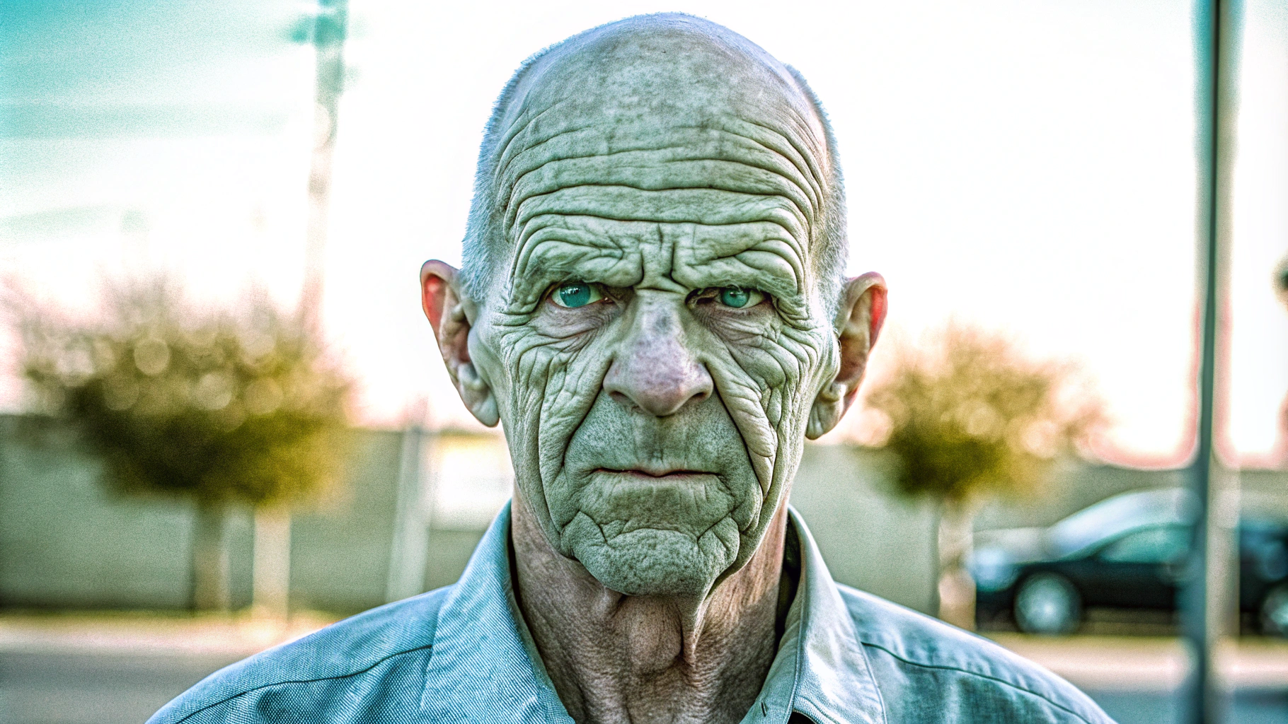 AI generated image by Red Panda AI: a hyper-real head-shot of an elderly balding wrinkled disheveled account executive 